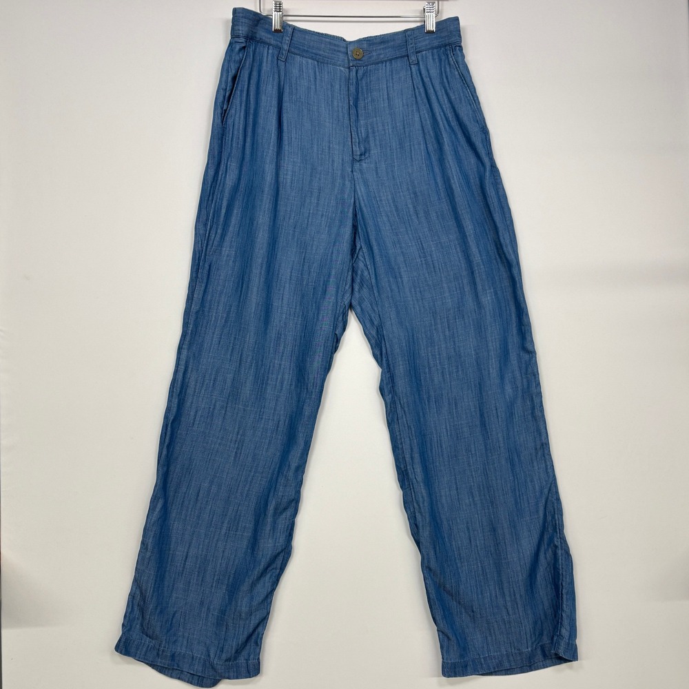 Lands End Womens Pants 12 Blue Lyocell Chambray Pleated Wide Leg 544712 Trousers